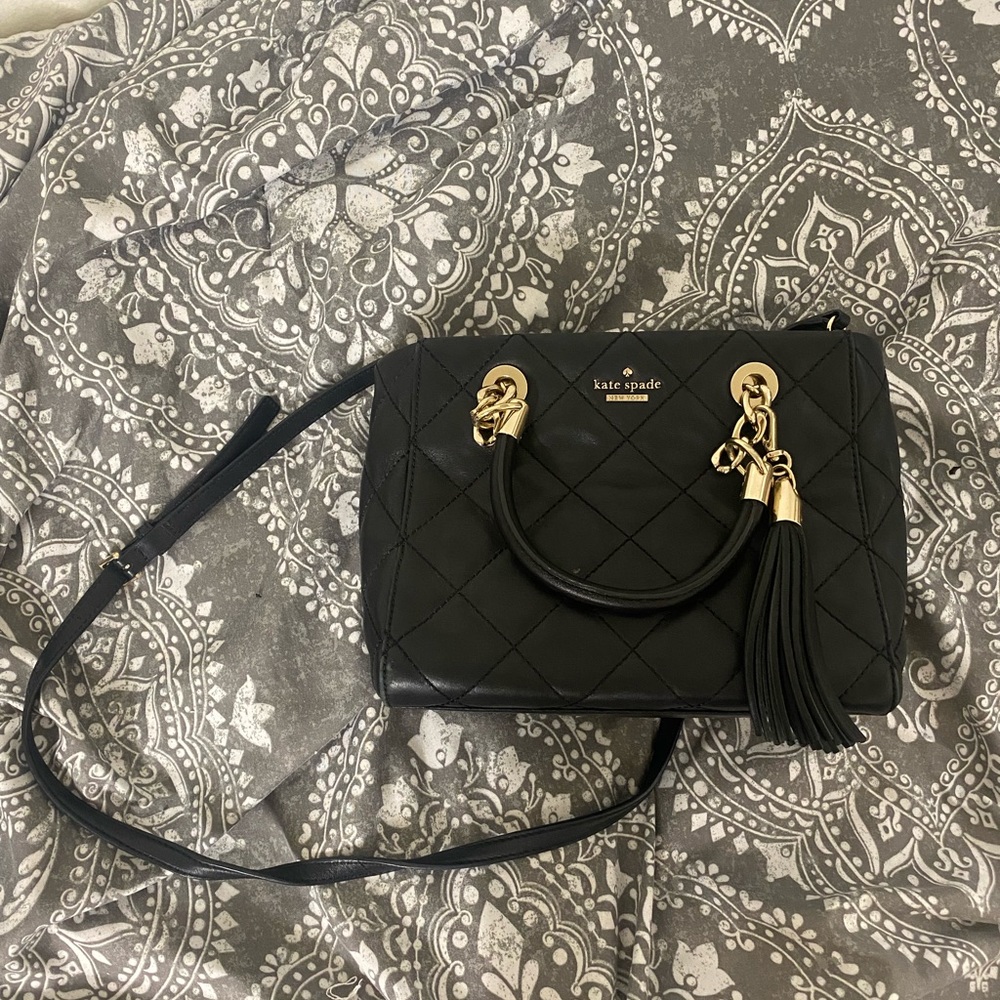 Kate spade crossbody. Black leather with gold headwear